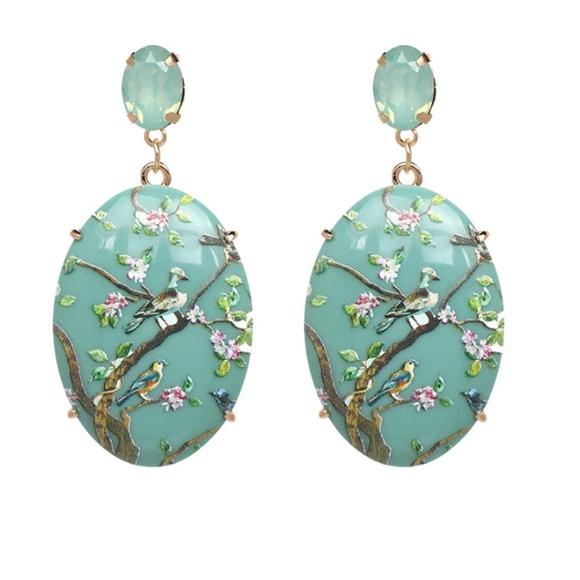 Jewelry - Bird Oval Earrings Tree Branch Leaf Dangling Drop